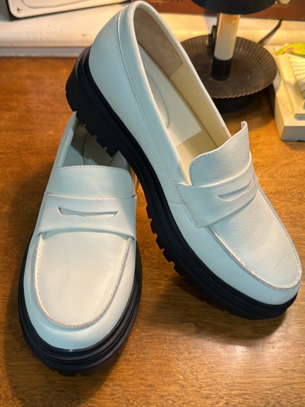 Quince White Leather Penny Loafers with Black Lug Sole